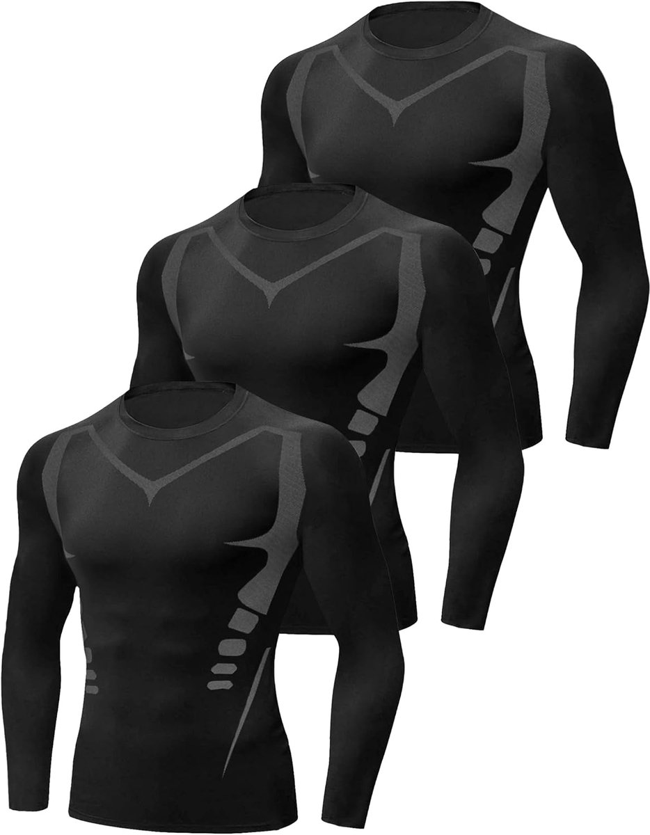 Compressieshirt voor heren, lange mouwen, functioneel shirt, sneldrogend en ademend, compressietop, loopshirt voor heren, voor training, hardlopen, fietsen, gym