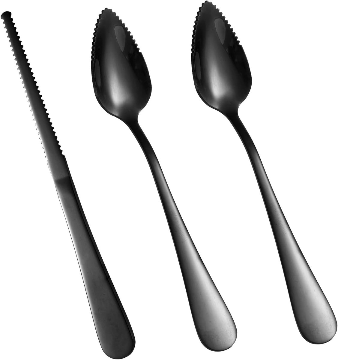 3st Gekartelde Grapefruit Lepels en Mes Set, Roestvrijstalen Gebogen Serveerhulpmiddelen Grapefruit voor Citrus Citroen Kiwi Meloen Limoen Pitaya Fruit Eetgereedschap (Zwart)