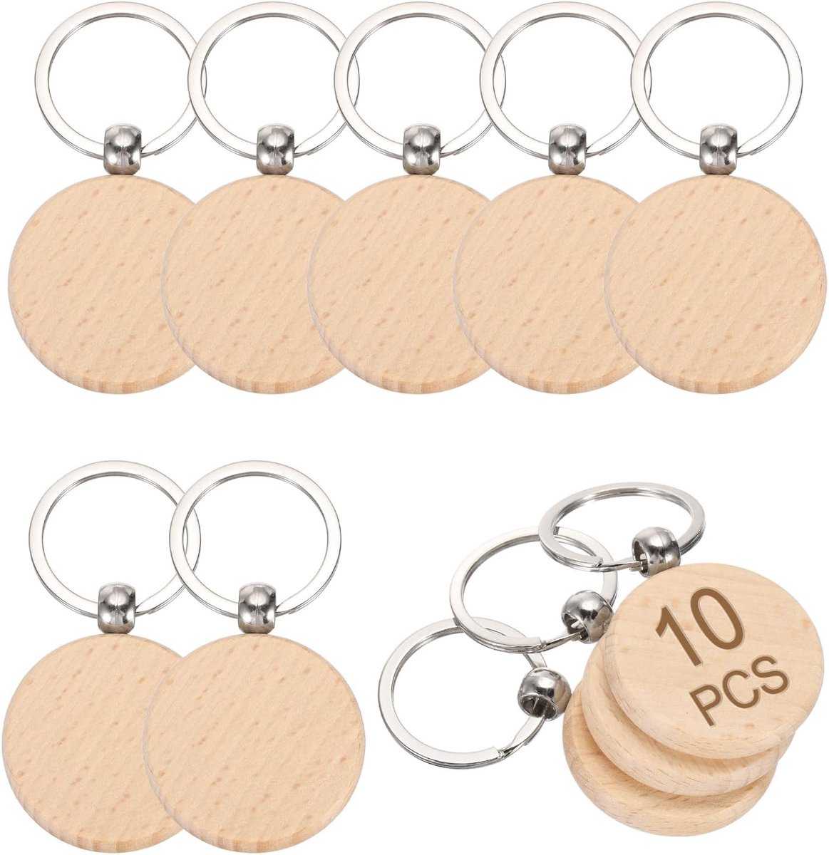 Sleutelhangers van hout, 4 x 4 cm, ronde sleutelhangers van onbehandeld hout, voor doe-het-zelf geschenken, 10 stuks