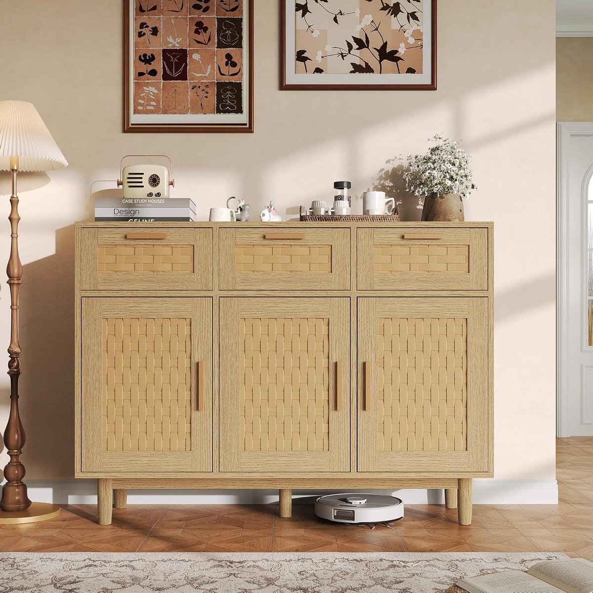 Dressoir Keuken Hout - Buffetkast Laag - Opbergen Keuken - Met Rotan Deuren - 107.9 x 40 x 80 cm
