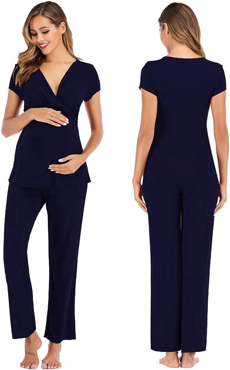 Rismart Zwangerschaps- en borstvoedingspyjama voor dames, set met korte mouwen, zwanger ziekenhuis, nachtkleding T-shirt top met broek