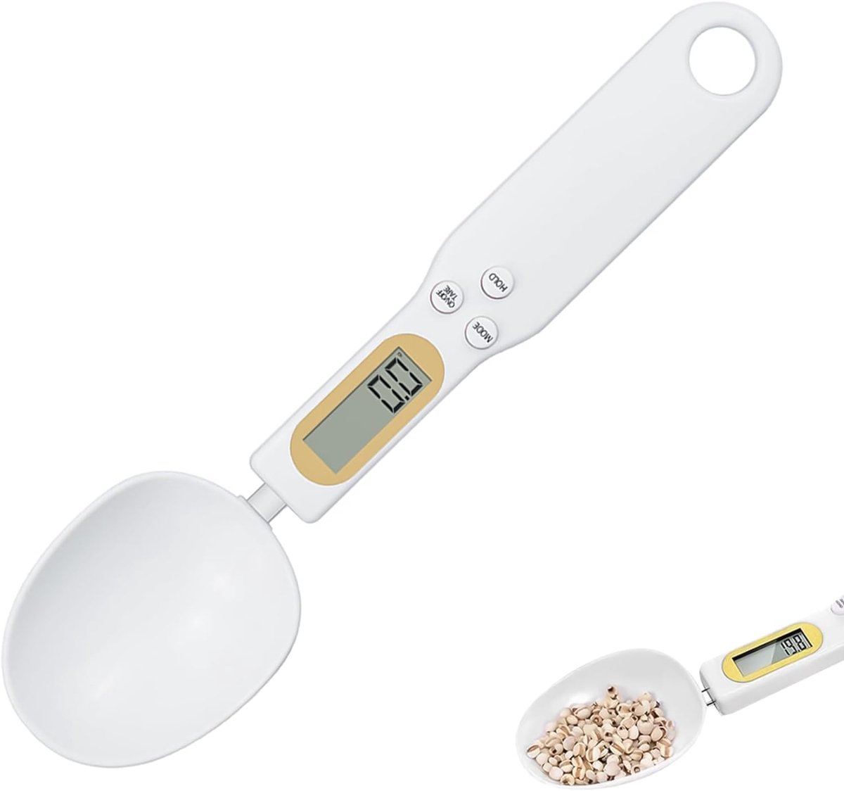 Digitale lepelweegschaal, 500 g/0,1 g, precisie met lcd-display, tarra- en hold-functie, afneembare weeglepel van ABS, maatlepel voor specerijen, koffie, thee, kruiden, bakingrediënten (wit)