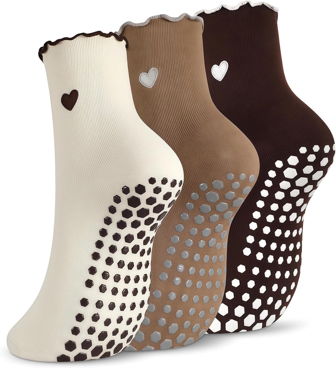 Sokken voor dames, schattige yogasokken met ruches en hartborduursel, antislipsokken voor dames met nopjes, grip socks voor pilates en ballet