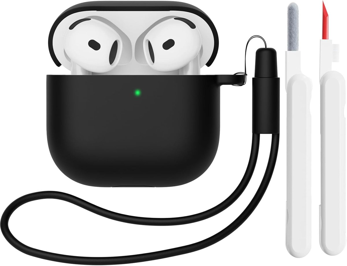 Hoes Compatibel met AirPods 4th Generation hoes (2024) met reinigingsset, Beschermend Siliconen hoesje voor Airpods 4, LED vooraan zichtbaar (zwart)