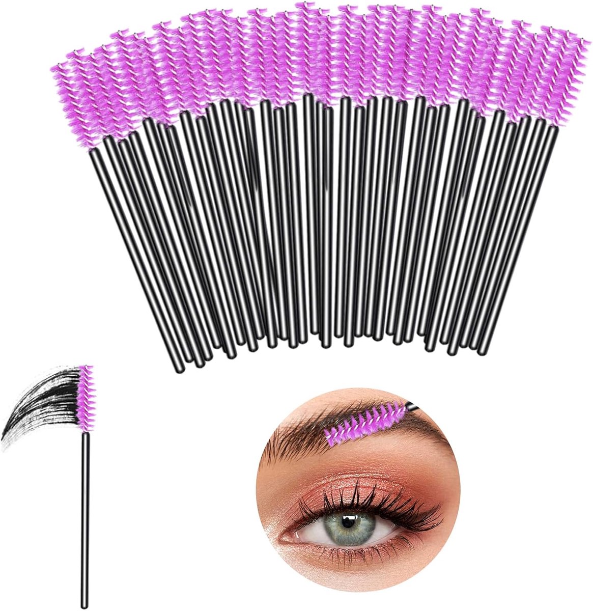 100 stuks paarse wimperborstels, spoolies, wimperverlenging, spoolie borstels voor extensies, vrouwen en meisjes, wenkbrauwen, spoolie, ricinusolie, kwast, mascara, toverstokken, cosmetische