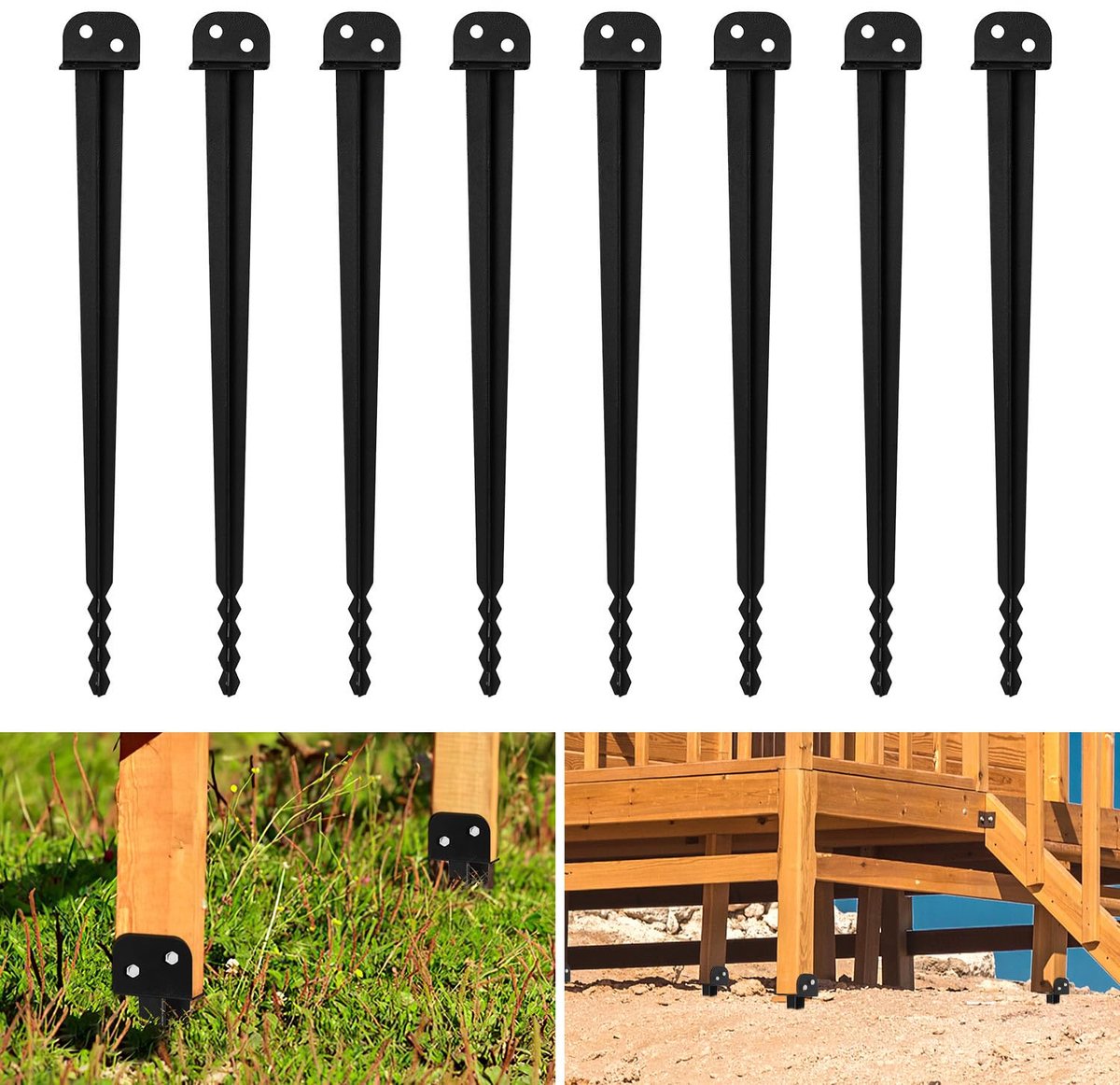 Set van 8 L-vormige bodemhulzen 50 cm met getand uiteinde, gemakkelijk in te slaan, grondankers en paaldragers voor houten en metalen palen, staal, voor alle tuinconstructies
