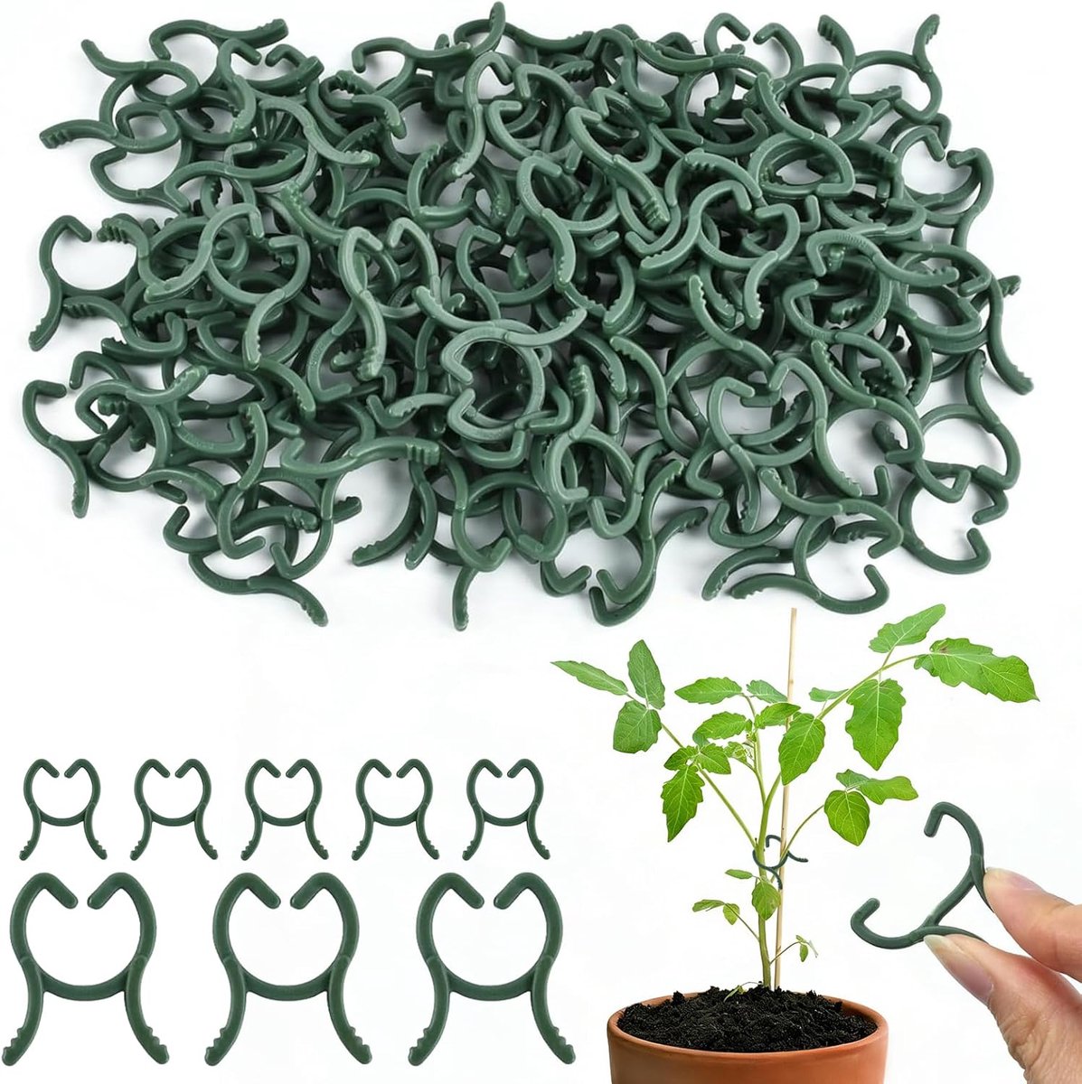 plantenclips, groen, 150 stuks, herbruikbare plantenclips, plantenclips voor klimplanten, kleine plantenklemmen, tomatenclips, tuinklemmen voor ondersteuning van planten, groenten en fruit (C)