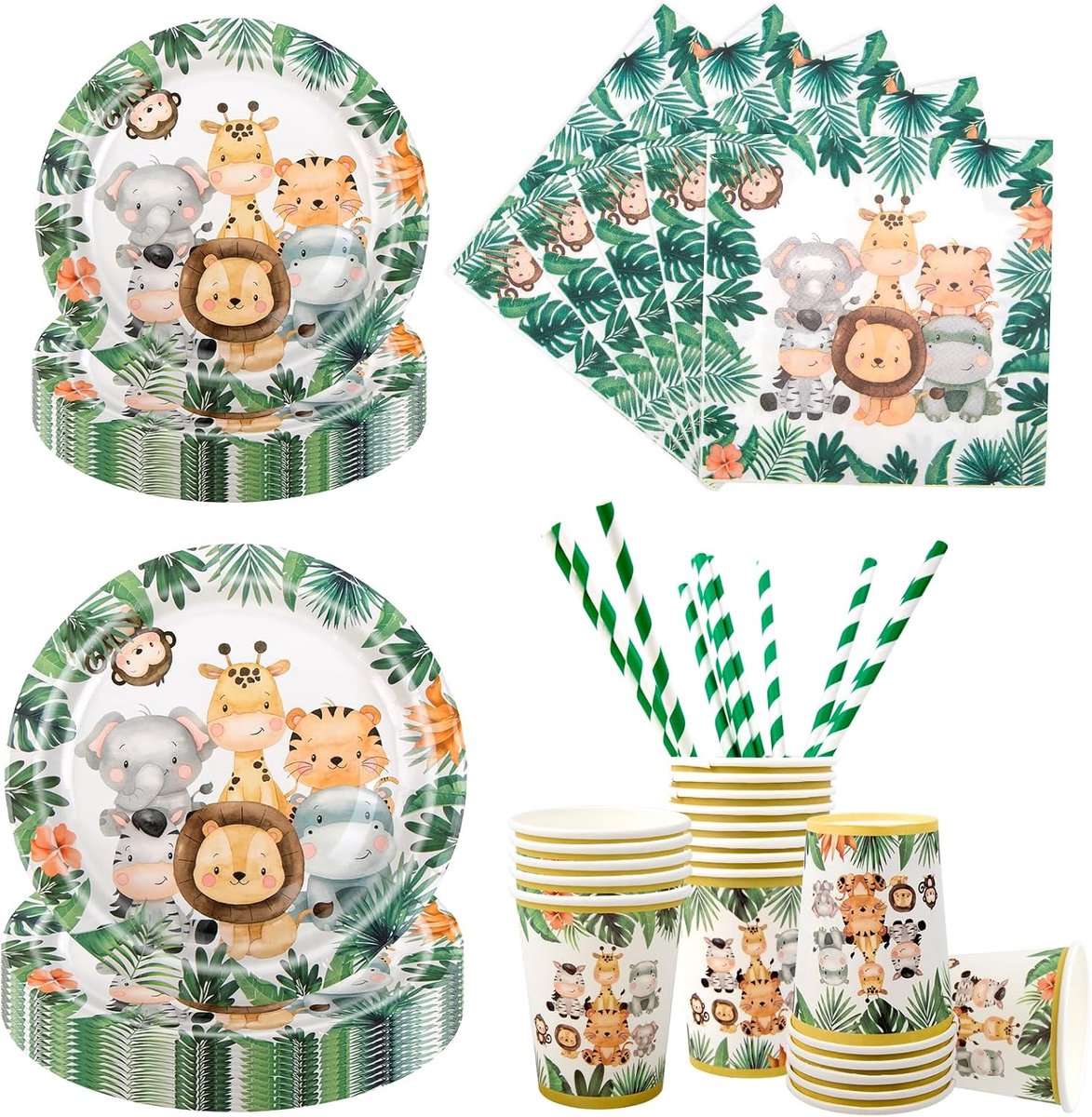 Partyserviesset, 100 stuks bosdieren, feestborden, verjaardag voor 20 gasten, bosdieren, verjaardagsservies, dieren, feestdecoratieset, kinderverjaardag, borden, bekers, servetten