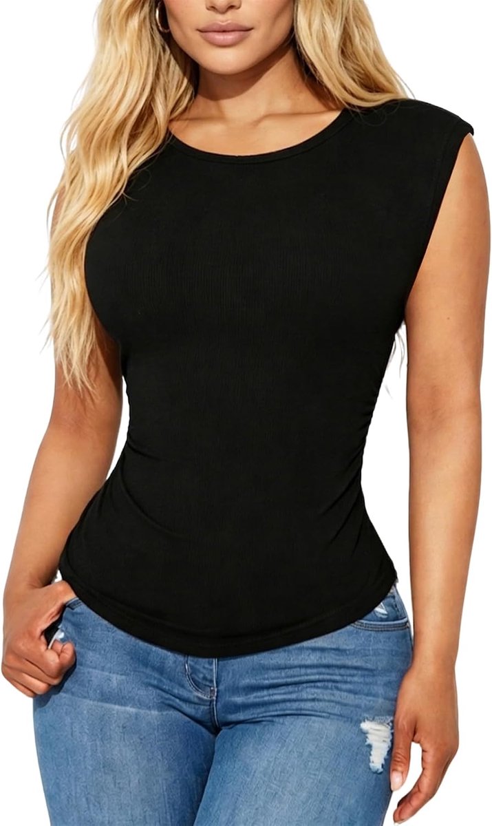 Tanktop voor dames, elegant bovenstuk, geribbeld, kapmouwen, geplooid, basic, casual, streetwear