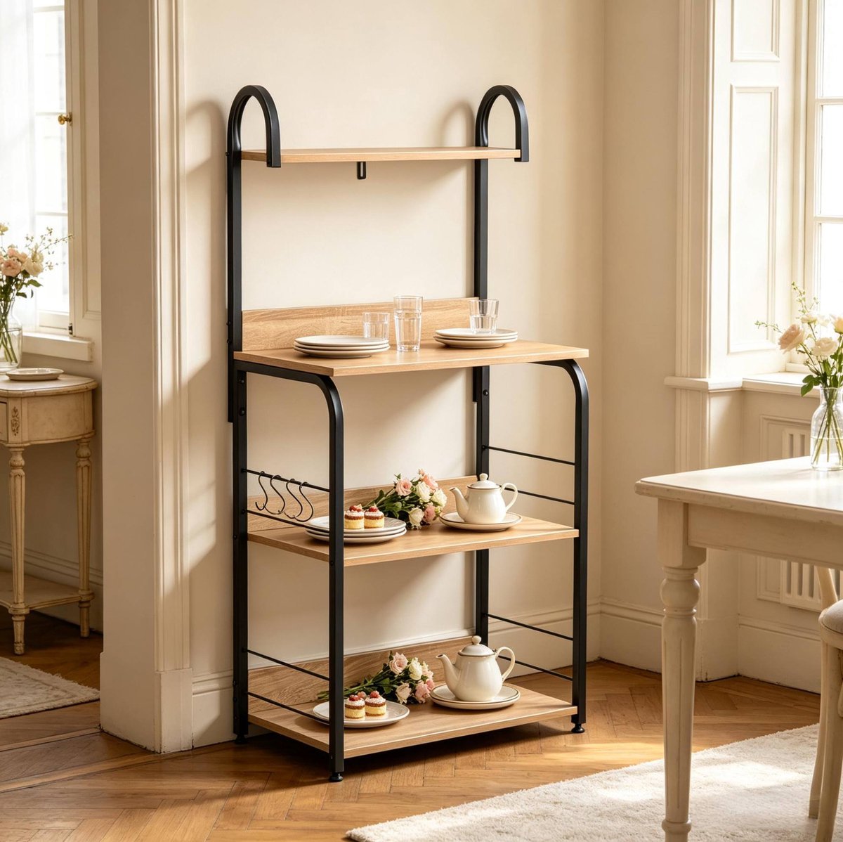 Keukenrek Met Haken En 4 Niveaus – 60 X 40 X 125 Cm – Staal En Spaanplaat – Zwart En Natuurlijke Houtlook – Voor Magnetron En Keukenopslag