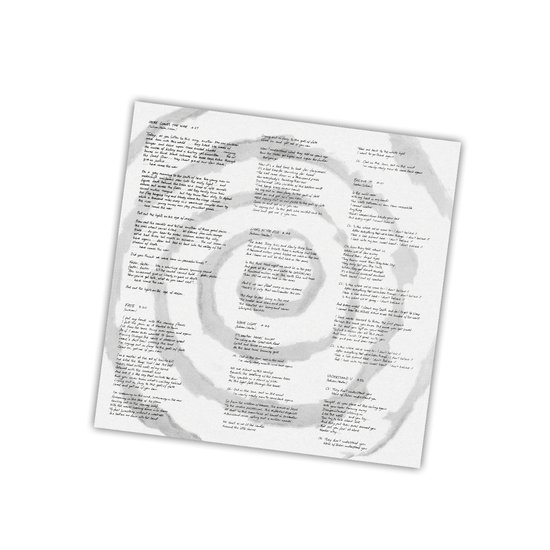 Binnenhoes van een LP met songteksten. Achtergrond met grijze spiraal.