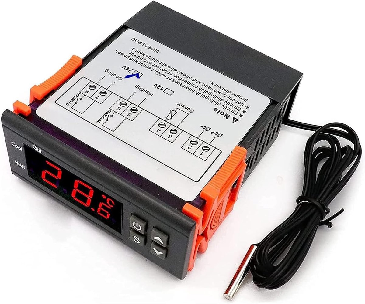 Digitale thermostaat 24V - Temperatuurregelaar met sensor -58℃ tot 99℃ - Geschikt voor verwarming en koeling - SnelShoppen