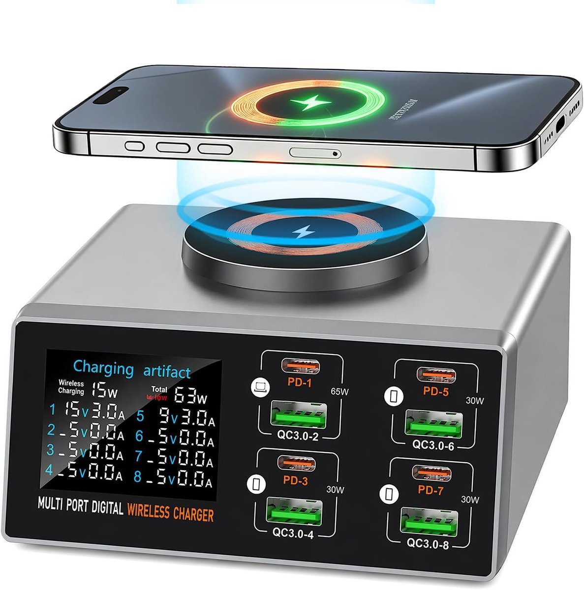 140 W multifunctionele oplader - 8-poorts USB C - magnetische draadloze oplader - veilig en snel opladen - SnelShoppen