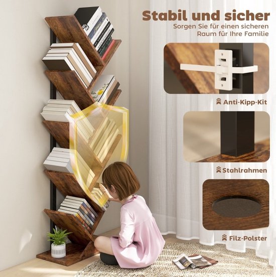 MIVRAY Boekenrek - Boomvormig Met 9 Niveaus - 50 x 24 x 136 cm - Hout En Staal - Rustiek Bruin - Voor Woonkamer En Kantoor — afbeelding 3
