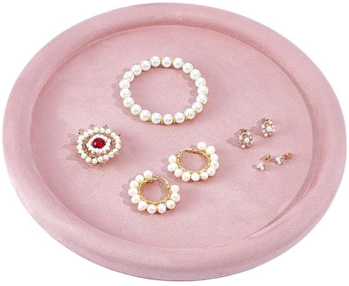 Sieradendisplaylade van fluweel, ronde sieradenvitrine van microvezel, lege display-organizer voor oorbellen, ringen, kettingen, armbanden en horloges, roze, 25,5 x 1,8 cm