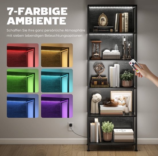 FloraGrace Boekenrek Met Ledverlichting - 5 Niveaus - 60 X 30 X 179 Cm - Hout - Zwart - Open Opbergrek Voor Woonkamer En Kantoor - Industrieel Design — afbeelding 5