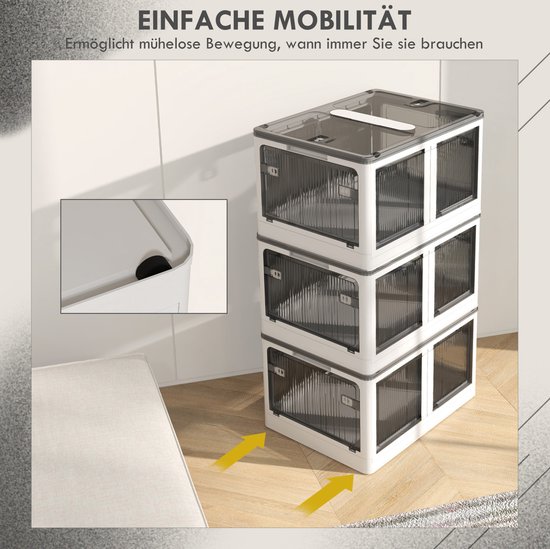 Opbergbox 69L - Opvouwbaar En Stapelbaar Met Wielen - 60 x 42 x 34 cm - PP Kunststof - Wit - Voor Thuis, Bureau En Kofferbak - 5-Zijdige Toegang — afbeelding 5
