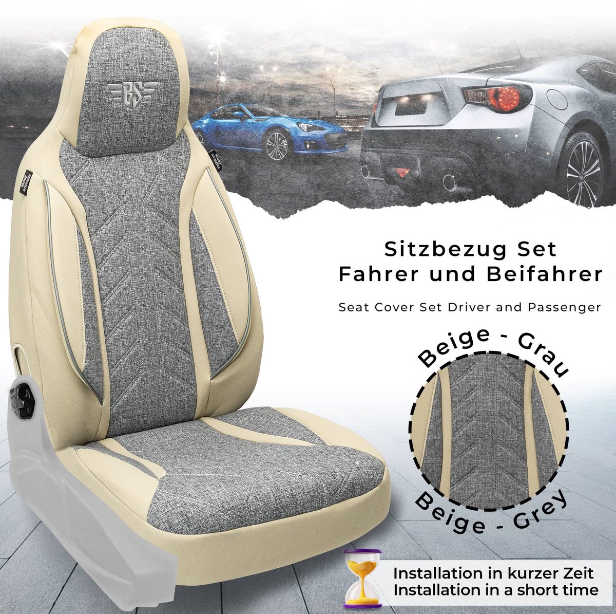 Autostoelhoezen voor BMW 5er BJ vanaf 2017 – Stoelhoezen voor bestuurder en passagier in Grijs/Beige
