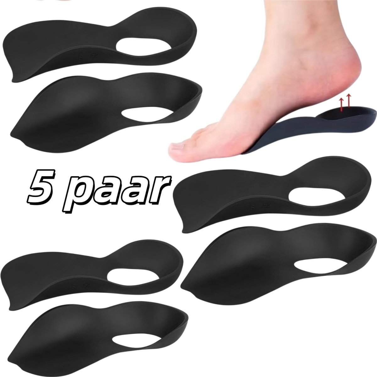 5 paar - Inlegzolen voor volwassenen met platvoeten - Ontwerp met voetboogondersteuning - Aanpassingskussen voor de voetbeweging - Voetkussen - 13 cm * 7 cm - Geschikt voor kinderen met voetontwikkelingsstoornissen - Zwart