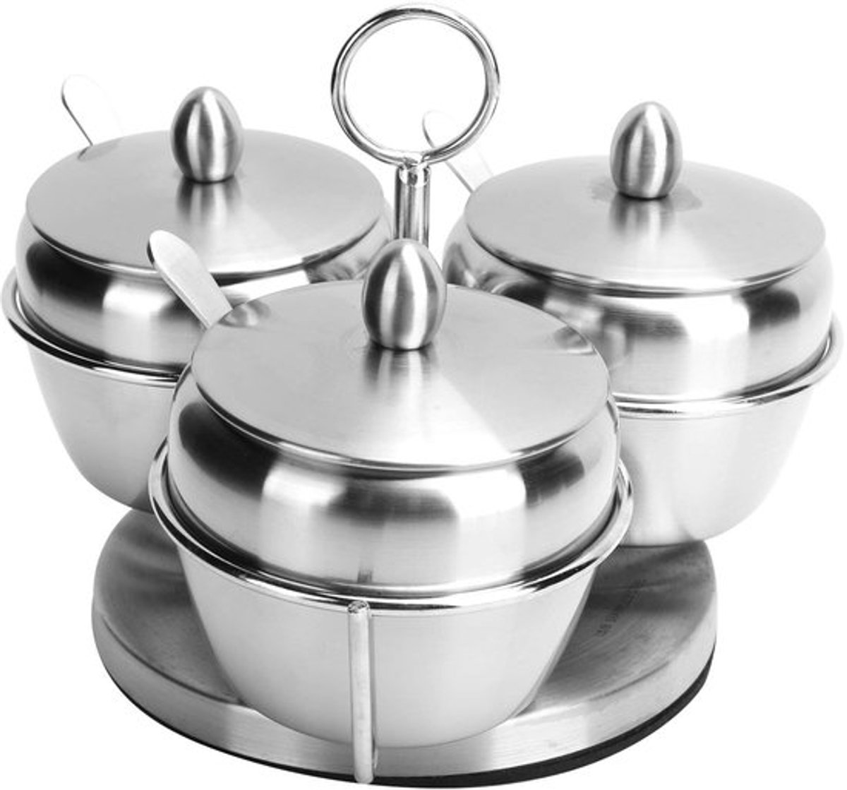 Kruidenpotjes, 3 stuks, 370 ml, roestvrij staal, kruidenpotjes, zoutpotje, 360° draaibare suikerpotset met deksel, opbergrek en lepel voor de keuken, kruiden om te bewaren
