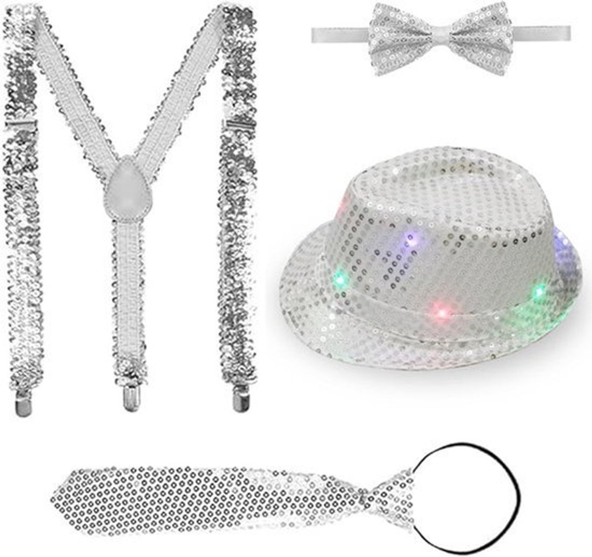 Set van 4 Glitteraccessoires voor Mannen - Verlichte Pailletten Hoed, Pailletten Steunen, Strikjes, Pailletten Kostuum in Zilveren Kleur