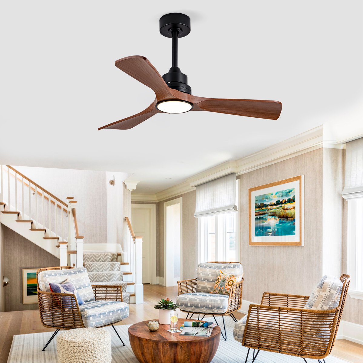 MIVRAY Plafondventilator Met Licht En Afstandsbediening - 106,7 Cm - Gelijkstroommotor - ABS - Mat Zwart Walnoot - Dimbaar Voor Slaapkamer En Terras