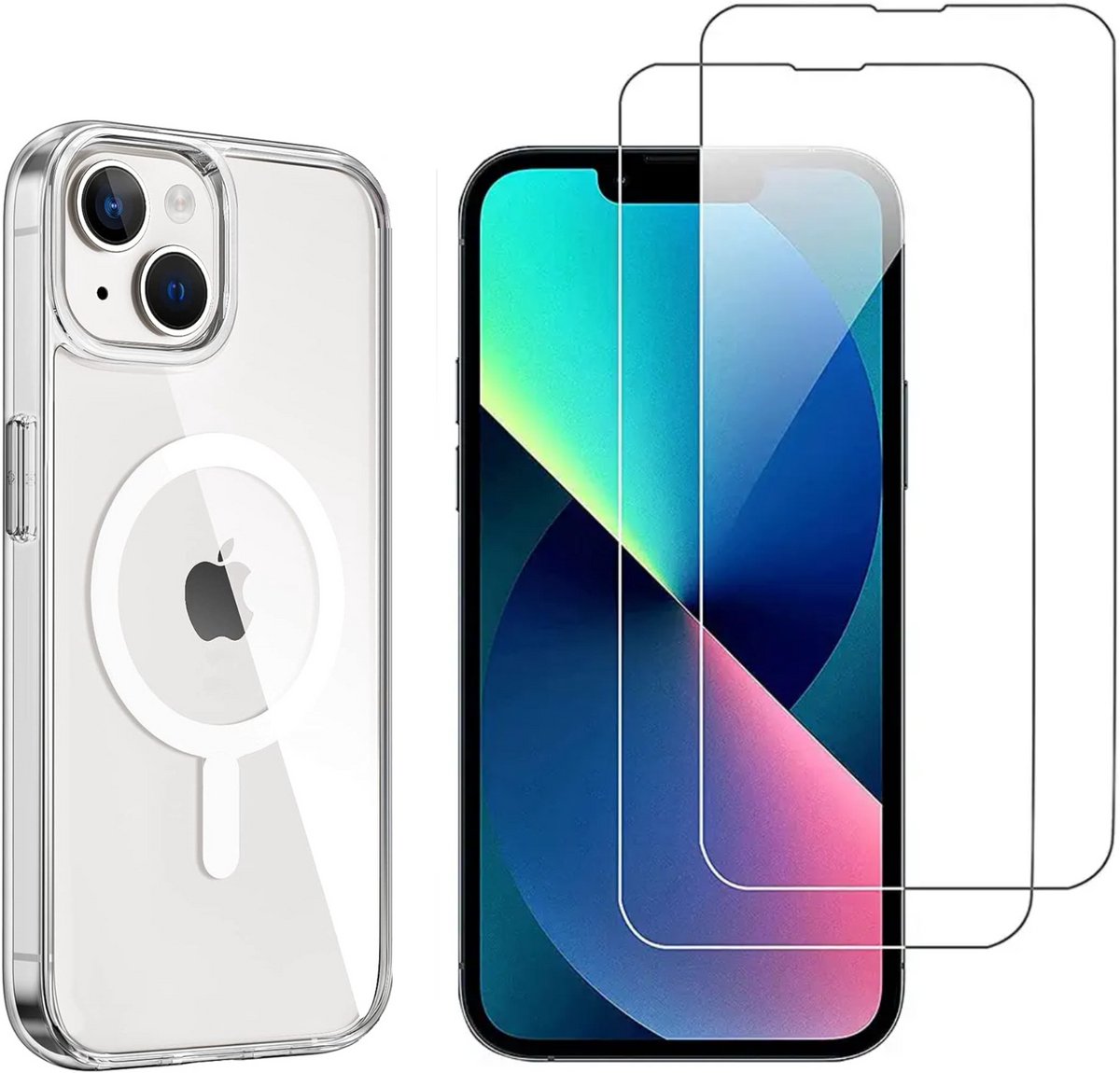 iPhone 14 Hoesje backcover Shockproof siliconen Transparant met geïntegreerde magnetische cirkel en 2 stuks Screenprotector Gehard Glas