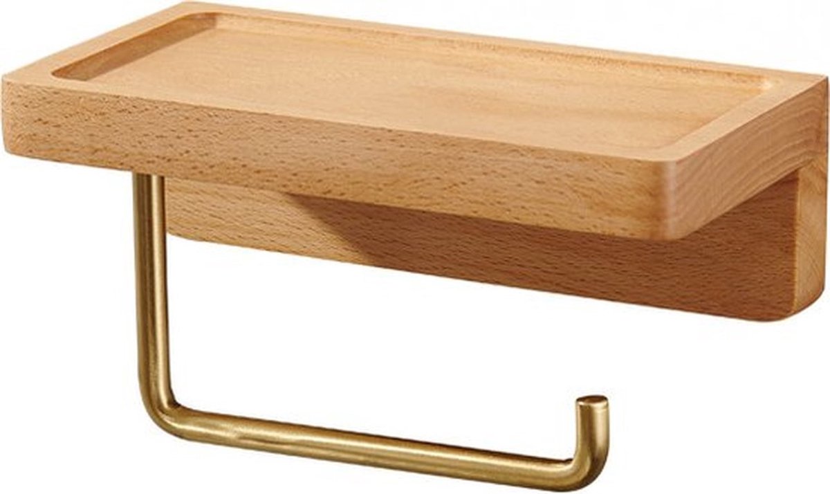 Toiletrolhouder met Plankje - WC Rolhouder Zonder Boren - Hout - Zelfklevend - Toiletpapierhouder - WC Rolhouder - WC Rolhouder met Plankje - hout kleur - 18cm