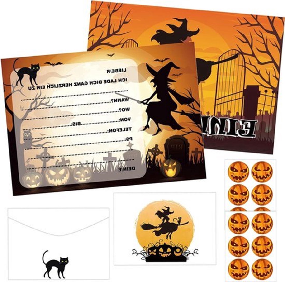 12 x Halloween uitnodigingskaarten griezelig Halloween party wenskaarten met enveloppen en stickers