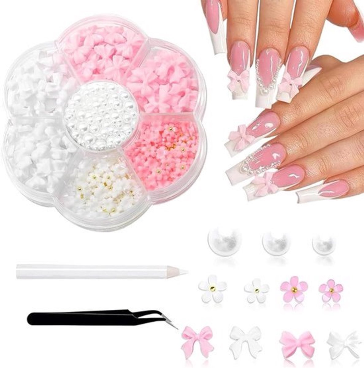 Rhinestone Ongles Nœud Papillon Rose Blanc - Lot de Déco Ongle Bijoux, Nail Art Élégant en Creatief - Gemakkelijk te Gebruiken - Veelzijdig voor Alle Gelegenheden