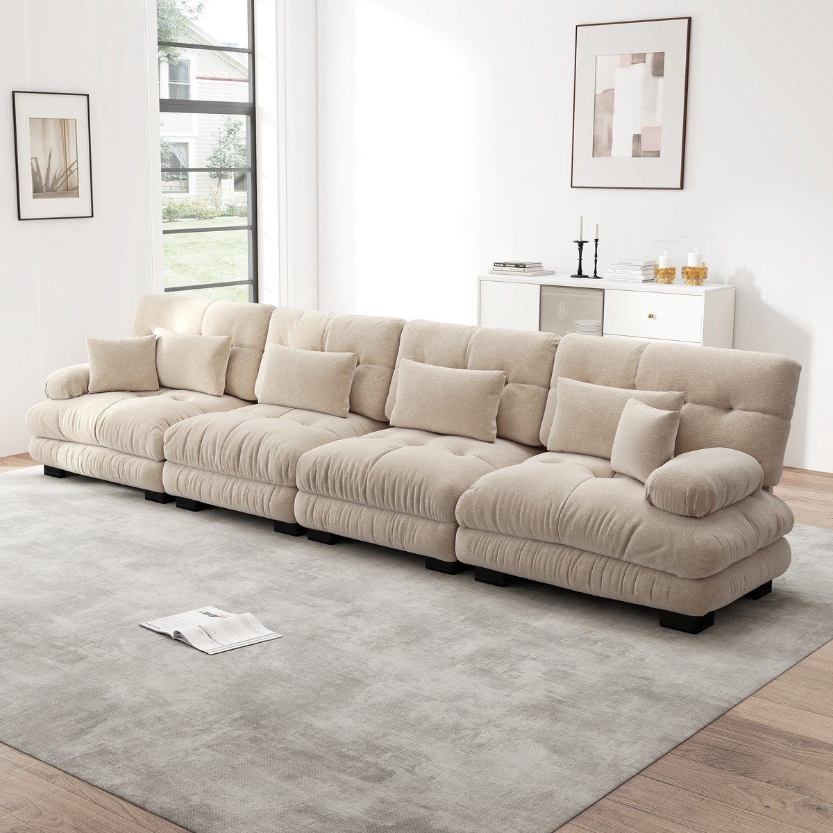 MEUNIQ 4-zits modulaire bank van chenille met diepe zit, brede zitting en lage poten voor woonkamer, studio of kantoor in licht koffiebruin