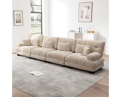 MEUNIQ 4-zits modulaire bank van chenille met diepe zit, brede zitting en lage poten voor woonkamer, studio of kantoor in licht koffiebruin