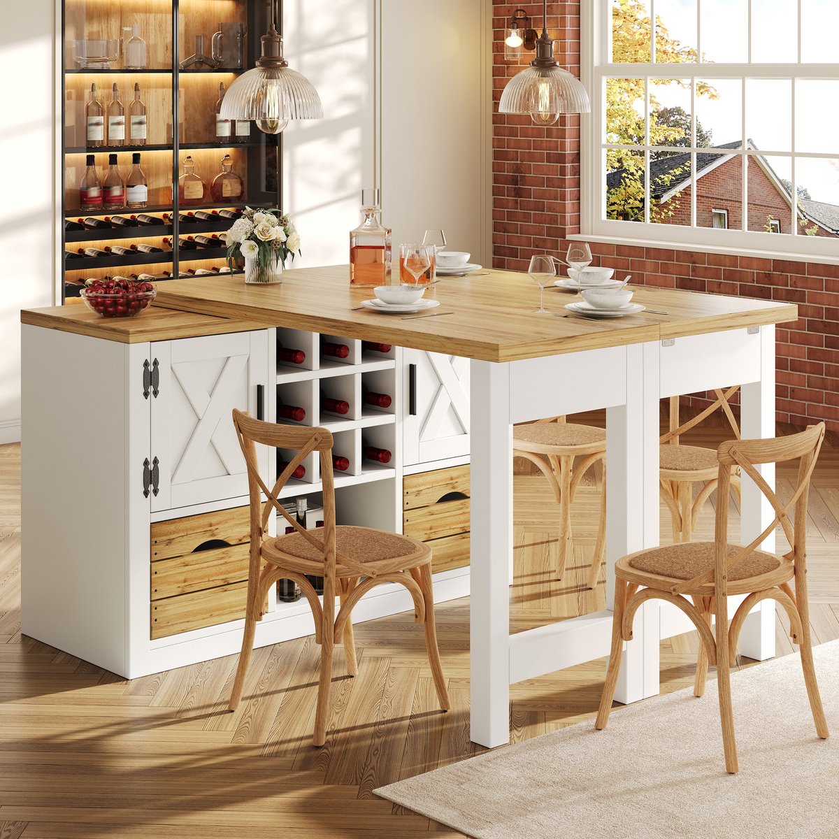 MODENUIT Eettafel - Uitschuifbaar En 360 Graden Draaibaar - Keuken En Woonkamer - MDF - Wit - 197x40x72 Cm