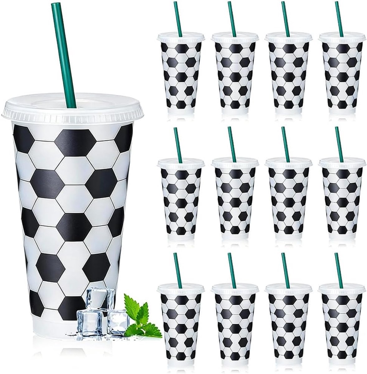 Set van 12 voetbalbekers 710 ml met deksel en strohalm, multifunctionele kunststof tuimelaar voor feestjes, BPA-vrij - ShopVlot