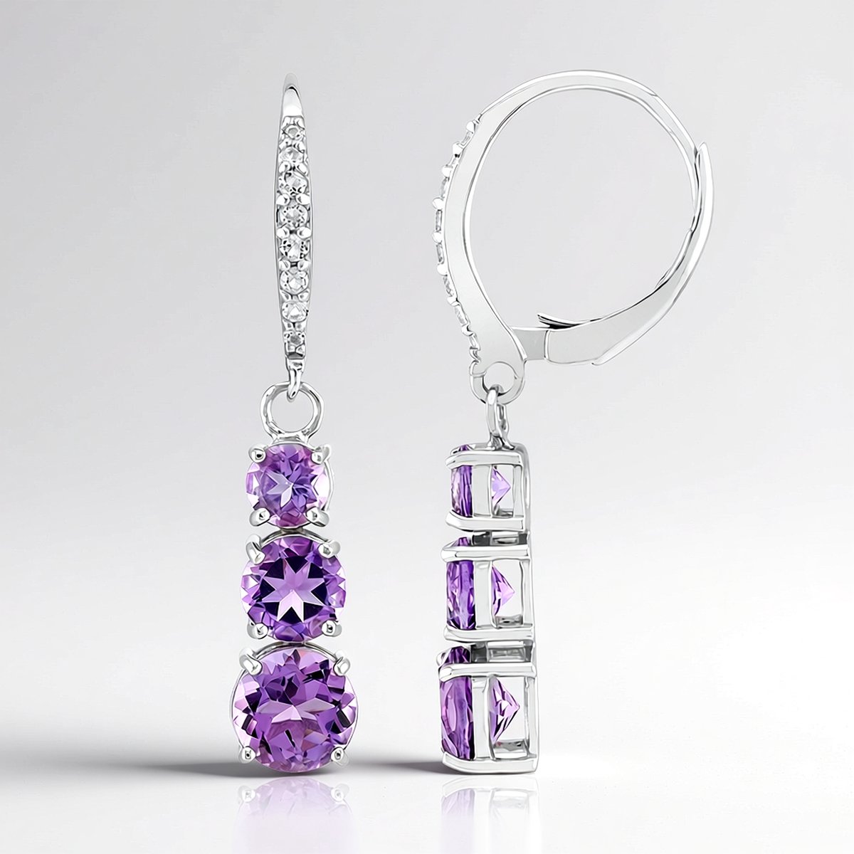 Cavill - Elegante Oorbellen - 925 Sterling Zilver Gerhodineerd - Paarse Amethist 2,55 ct Rond & Witte Topaas - Luxe Clipsluiting
