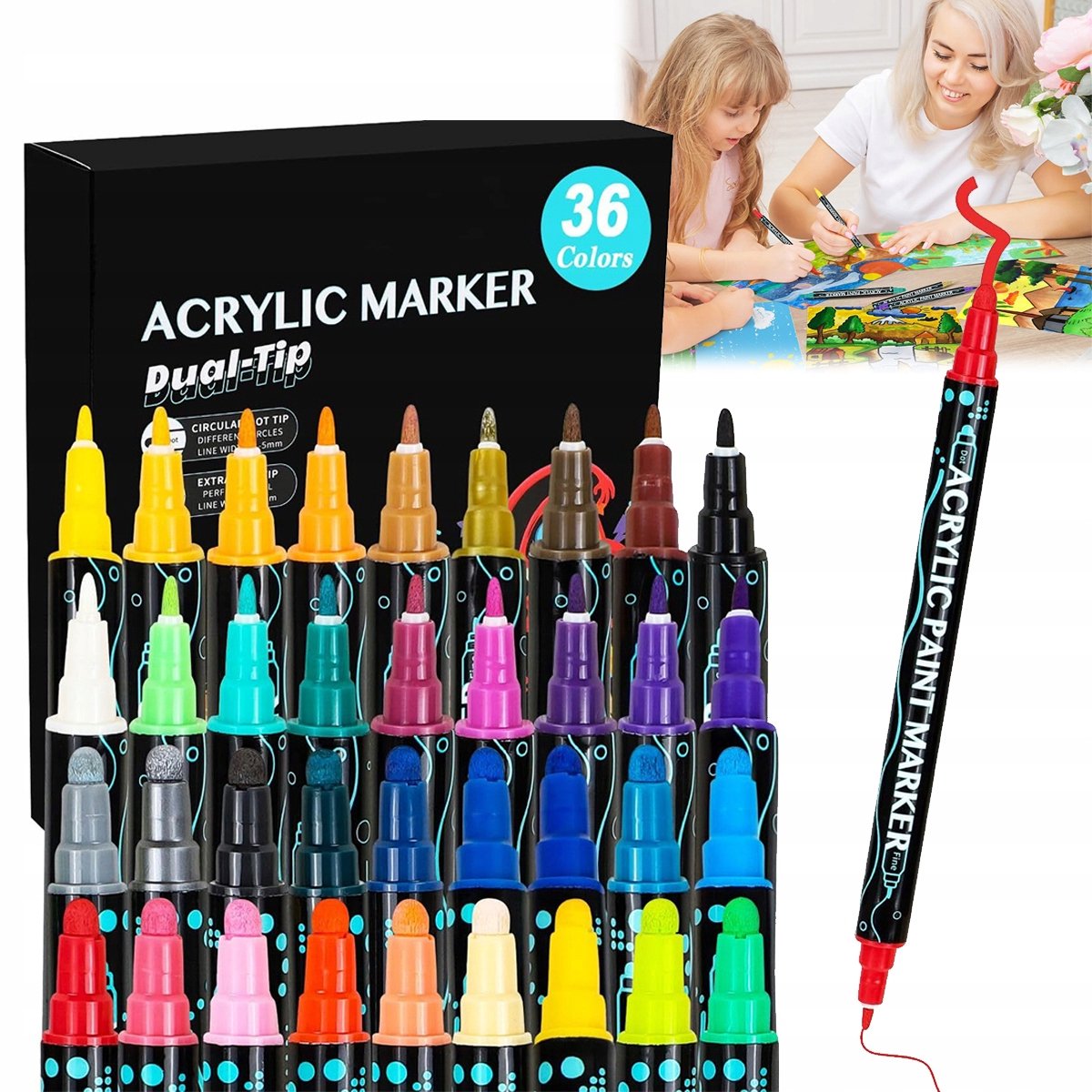 Merkloze Acryl Markers Set - 36 Kleuren, Dubbele Punt, Waterdicht