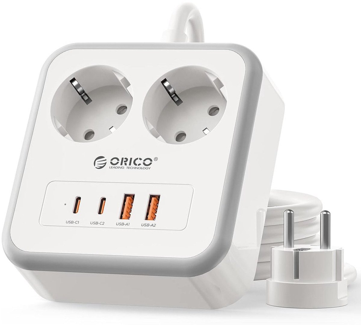ORICO APD - stekkerdoos - 20W Snellader - 2x Stopcontacten, 2x USB-C & 2x USB-A - Platte stekker - 3 m kabel - Wandmontage-stekkerdoos met veiligheidsvergrendeling - Wit