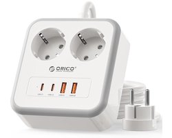 ORICO APD - stekkerdoos - 20W Snellader - 2x Stopcontacten, 2x USB-C & 2x USB-A - Platte stekker - 3 m kabel - Wandmontage-stekkerdoos met veiligheidsvergrendeling - Wit