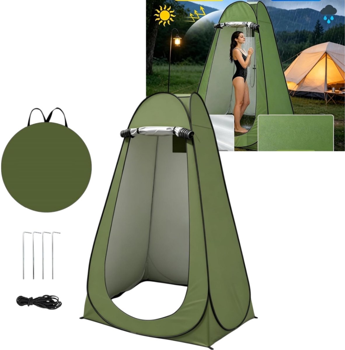 1 set - Privacytent - Snel op te zetten pop-up tent - Buitendouchetent - Omkleedtent voor op de camping - 150*150*190 cm - Geschikt voor kamperen, vissen en fotografie - Legergroen