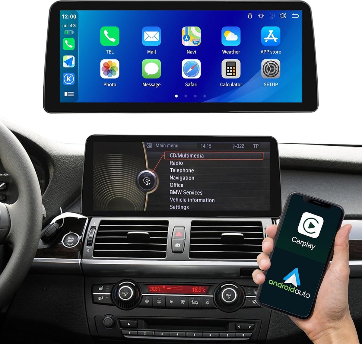 Auto-audio-ontvanger 12,3 inch - Draadloos Carplay - Ondersteuning Android Auto - Navigatie en achteruitrijcamera - ShopVlot