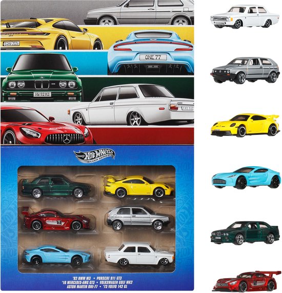 Hot Wheels set van 6 'Euro Style' auto's: groene BMW M3, rode Mercedes-AMG GT3, blauwe Aston Martin, gele Porsche 911 GT3, zilveren VW Golf, witte Volvo 142 GL.