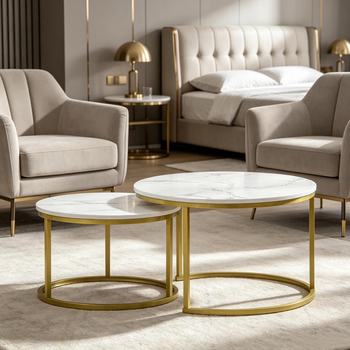 OKWISH Salontafel Set Van 2 - Rond Nesting Design - Marmerlook In Wit En Goud - Modern Voor Woonkamer, Slaapkamer En Kantoor - Ø74/Ø59 cm Goud+Wit