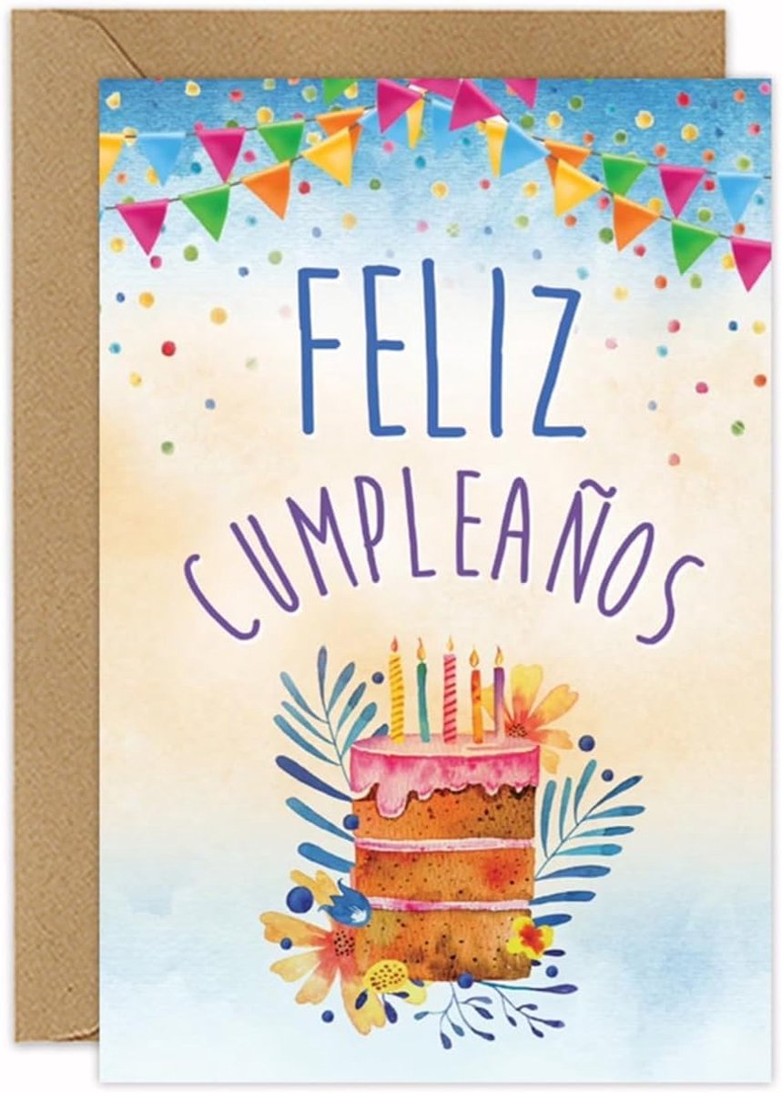 Verjaardagskaart met envelop - waterverf taart ontwerp - Feliz Cumpleaños - voor een feestelijke gelegenheid - SnelShoppen