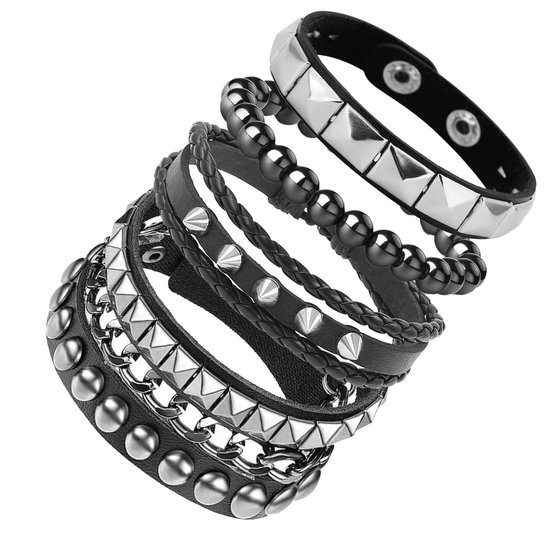Set van 4 zwarte armbanden met studs, schakels en kralen.