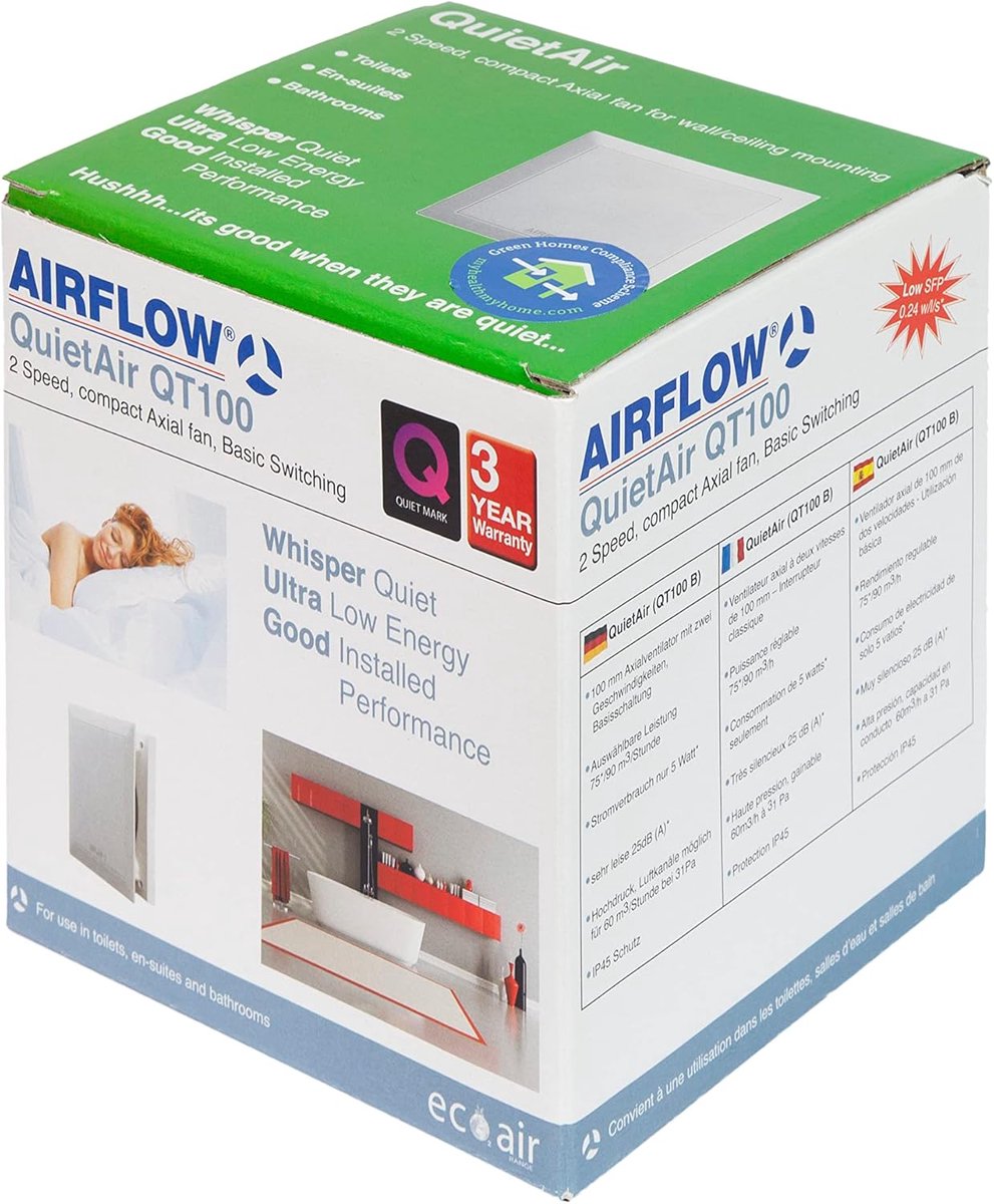 SnelShoppen - Badkamer Afzuigventilator, 25 L/s Luchtstroom, 100mm Kanaal, Duitse Kwaliteit, 2 Snelheden, Stil 25 dB(A), Energiezuinig 5/9W, QuietMark
