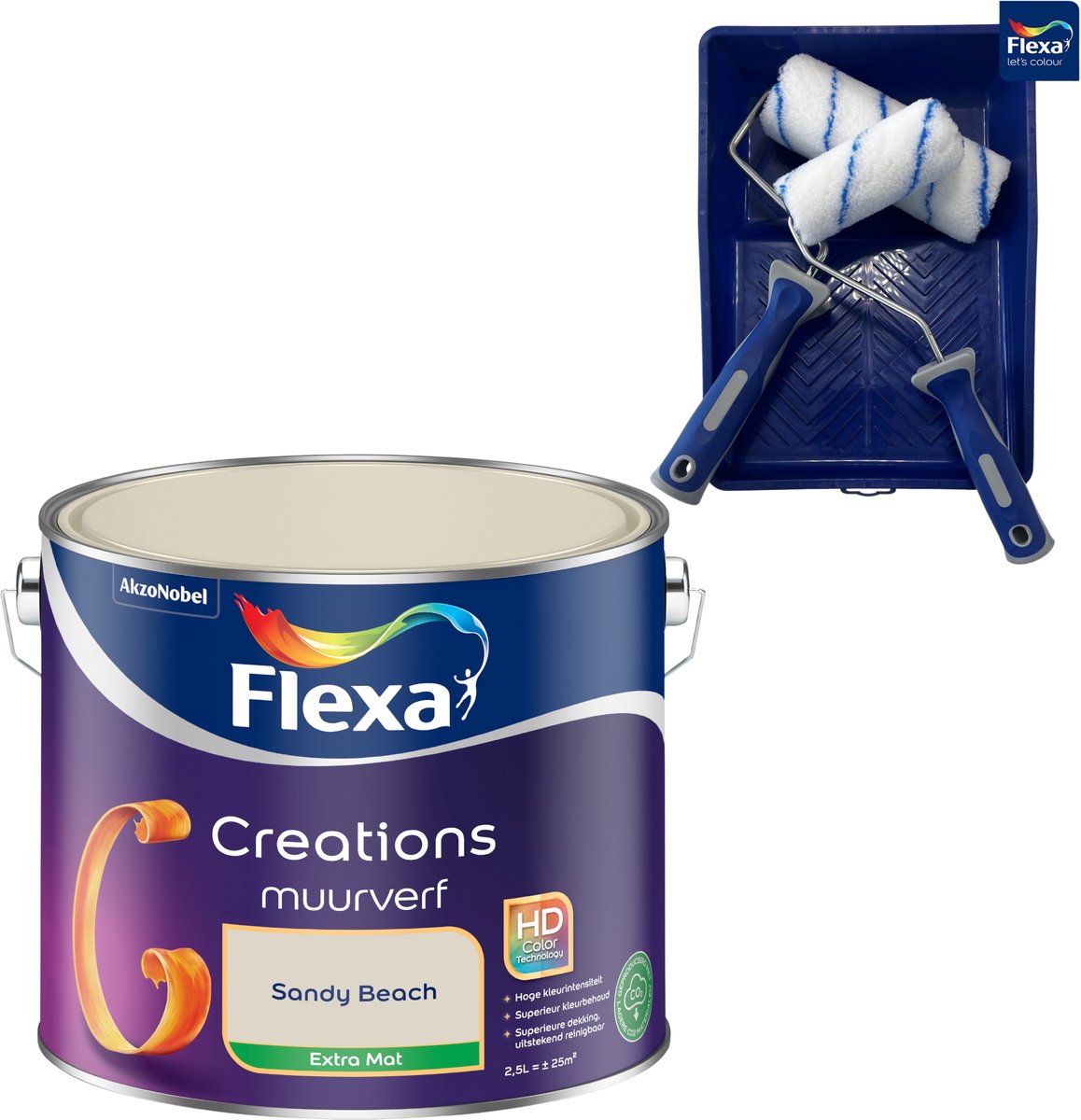 Flexa - Verfset - Creations Muurverf Extra Mat - Sandy Beach - 2,5 L - Verfpakket - Muurverfset Roller 5-Delig - Pakket Beige Muurverf