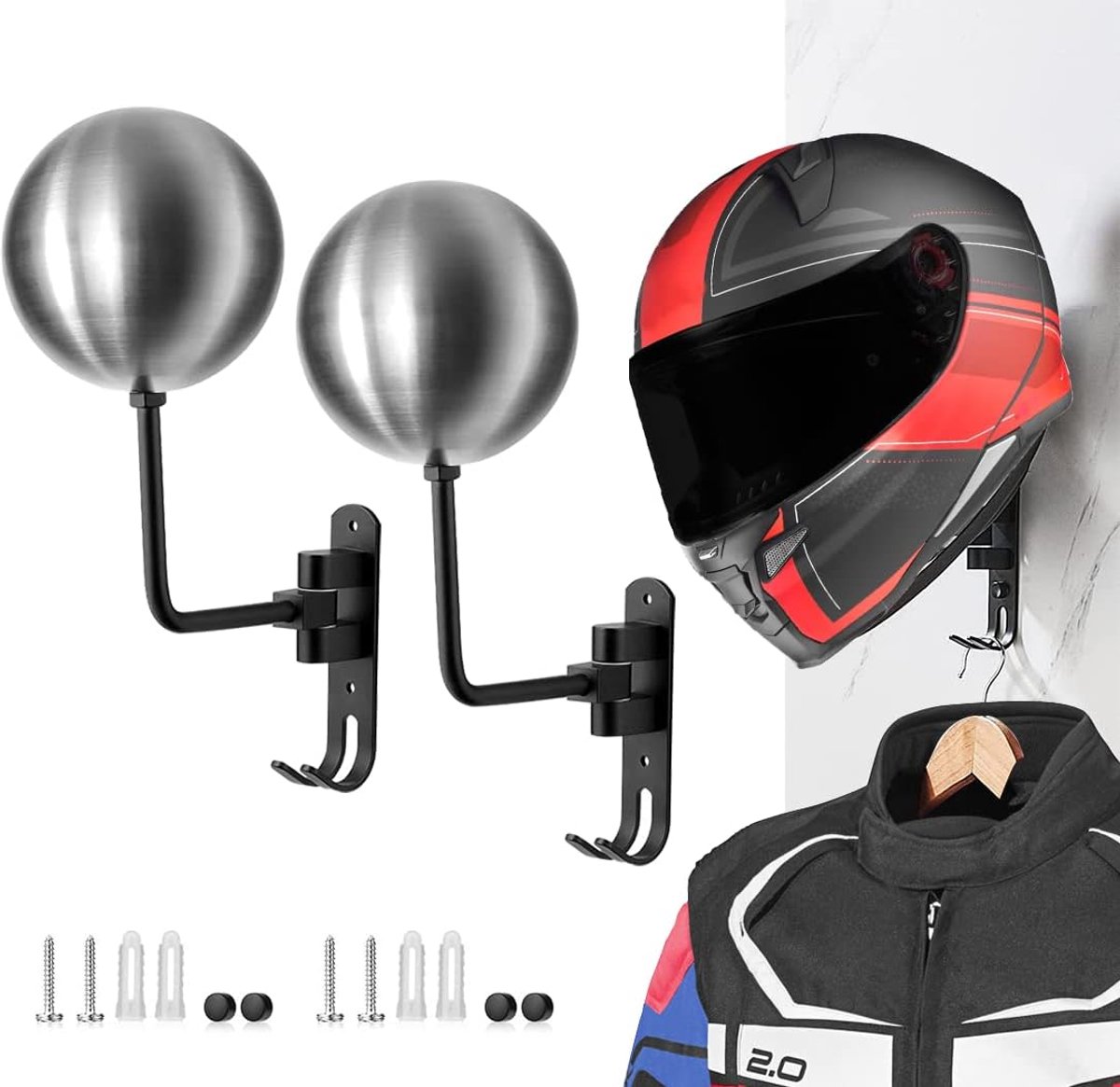 helmhouder wandmontage - aluminiumlegering - ronde bal met haken - ideaal voor motorhelmen - ShopVlot