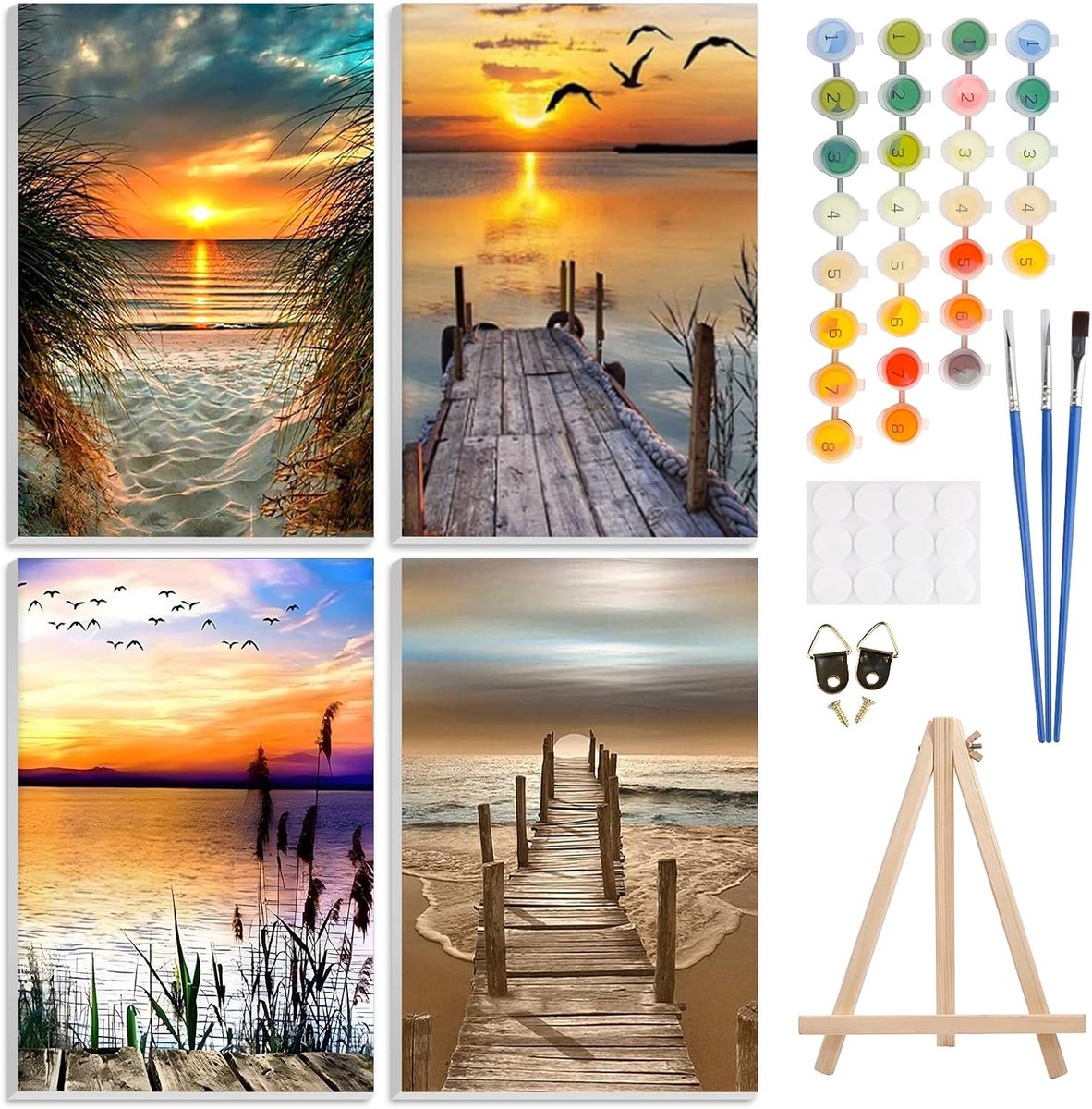 Schilderen op Nummer voor Volwassenen - 4 Stuks Schilderen op Nummer Zonsondergang Strand - Inclusief Houten Easel - ShopVlot