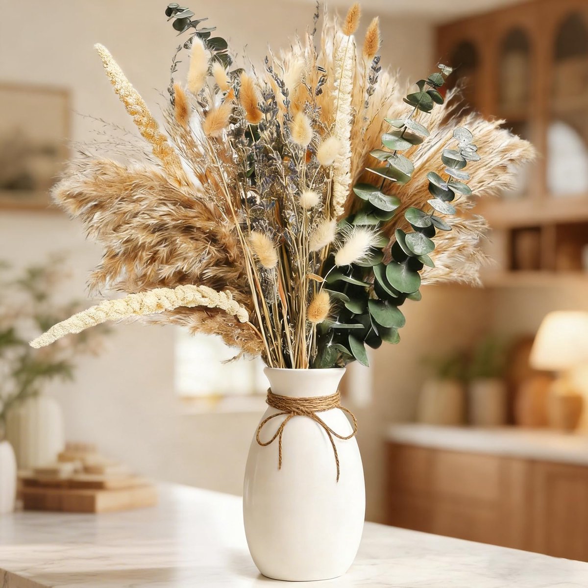SnelShoppen - 80 Stuks Pampasgras Decoratie, Boho Drogen Bloemen, Natuurlijke Rietbloemen, Eucalyptus, Lavendel voor Tafel, Woonkamer, Bruiloft