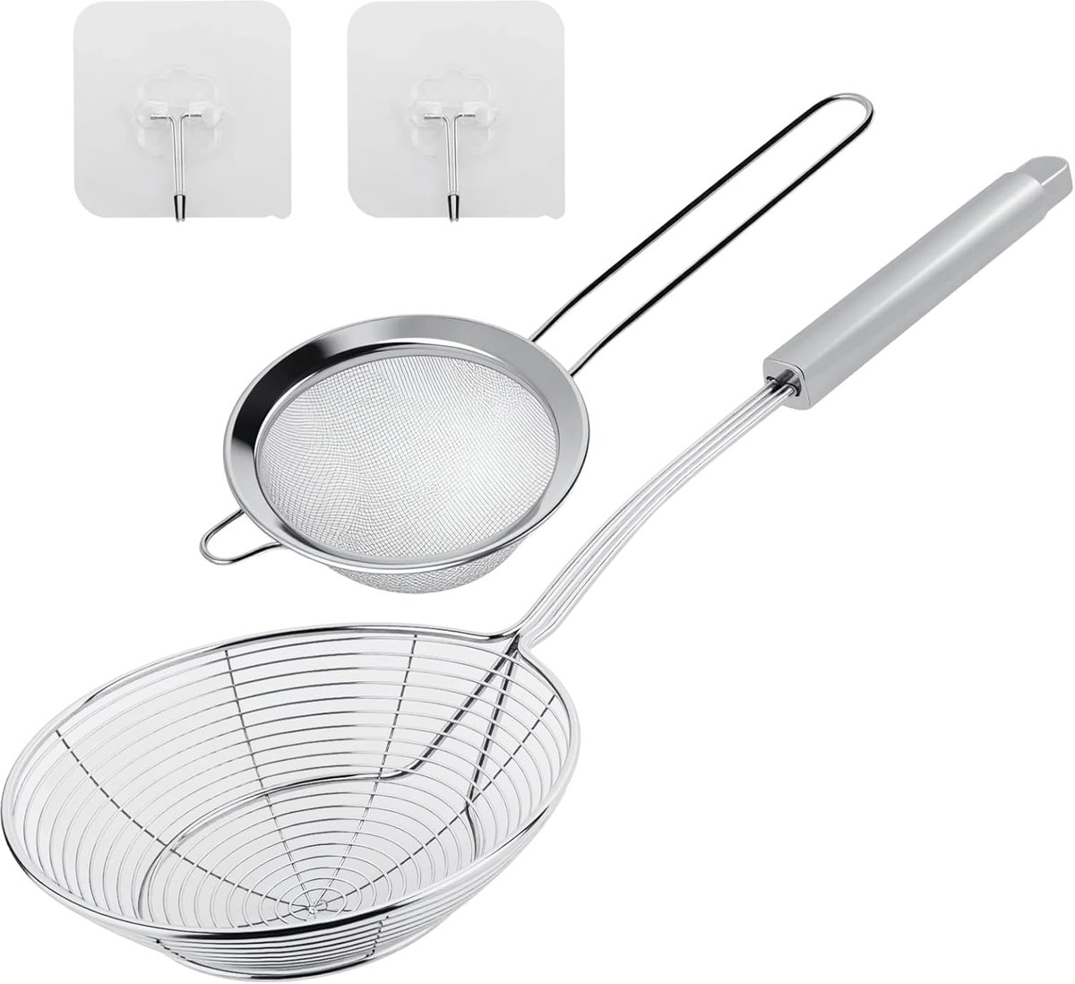 RVS Cobweb Lepel 14 cm - Skimmer met Handvat - Ideaal voor Frituren en Stomen - Compleet met Mini Lepel en Haakjes - ShopVlot